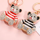 Blue - Rhinestone Striped Bear Keychain, Cute Enamel Cartoon Bear Bag Charm Pendant, Alloy Bling Key Ring Accessories for Gifts & Bag Decoration-3