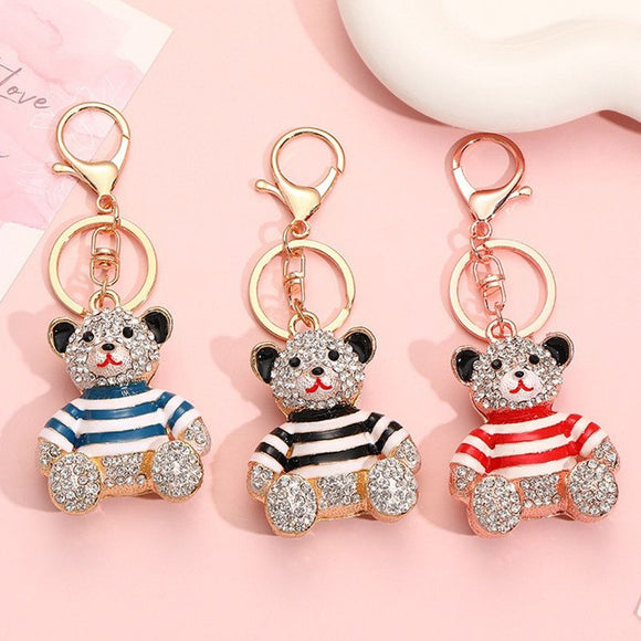 Blue - Rhinestone Striped Bear Keychain, Cute Enamel Cartoon Bear Bag Charm Pendant, Alloy Bling Key Ring Accessories for Gifts & Bag Decoration