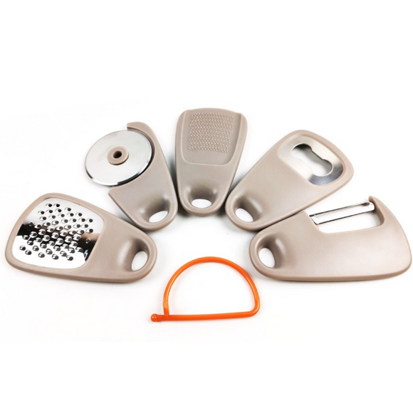 5 In 1 Portable Kitchen Gadget Set, Stainless Steel Pizza Cutter, Peeler, Cheese Grater, Garlic Grinder & Bottle Opener Multi-function Kitchen Tools(2-pack)