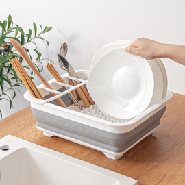 Multi Compartment Plastic Kitchen Utensil Holder, Foldable Dish Drain Basket for Bowl Plate Cup Chopsticks Storage - 0