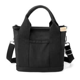 Multi-Compartment Canvas Tote Bag, 3-Way Handheld, Crossbody, and Shoulder Bag with Adjustable Strap for Daily Work and Shopping - Black