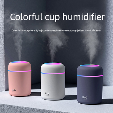 Mini Colorful Cup Humidifier, 300ml Portable USB Cool Mist Humidifier with 7-Color Night Light, for Car, Bedroom, Desk, and Office - Gray - 0