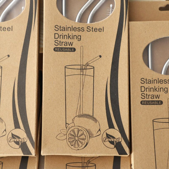 Food-Grade 304 Stainless Steel Drinking Straw Set—1 Thick Straw + 2 Thin Straws