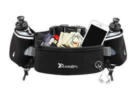Hydration Running Belt with 2 Water Bottles and Phone Pouch for Marathon Hiking - Black - 0