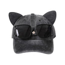 Cat Ear Baseball Cap with Sunglasses Decor, Adjustable Summer Outdoor Cap - Black-1