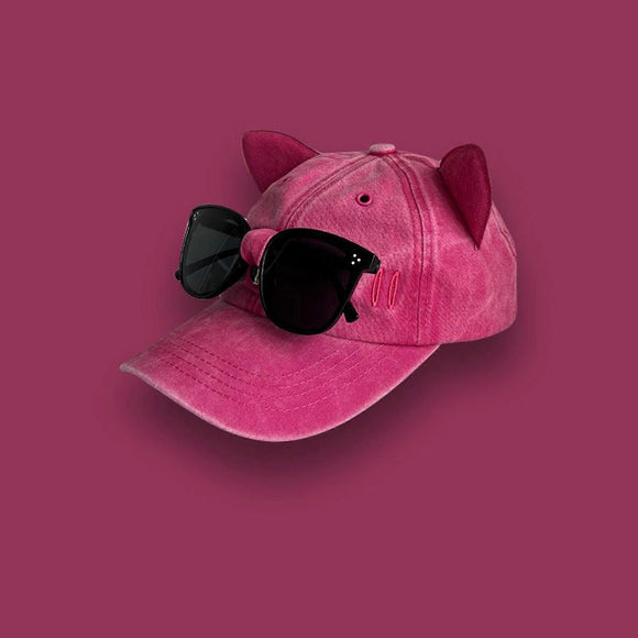 Cat Ear Baseball Cap with Sunglasses Decor, Adjustable Summer Outdoor Cap - Black