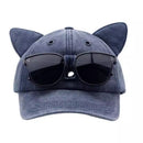 Cat Ear Baseball Cap with Sunglasses Decor, Adjustable Summer Outdoor Cap - Navy Blue-1
