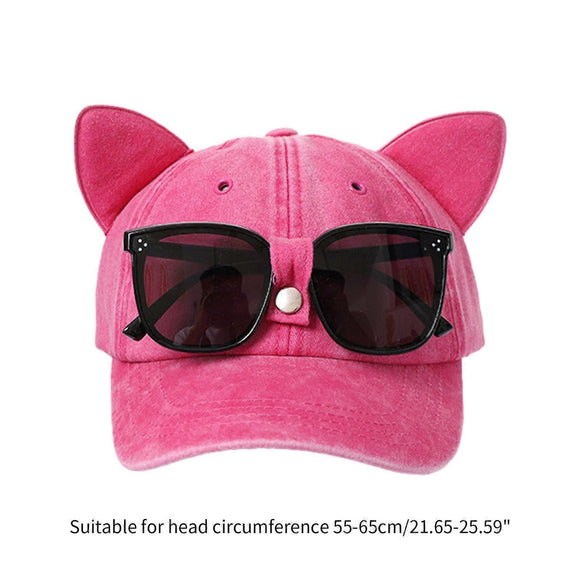 Cat Ear Baseball Cap with Sunglasses Decor, Adjustable Summer Outdoor Cap - Navy Blue