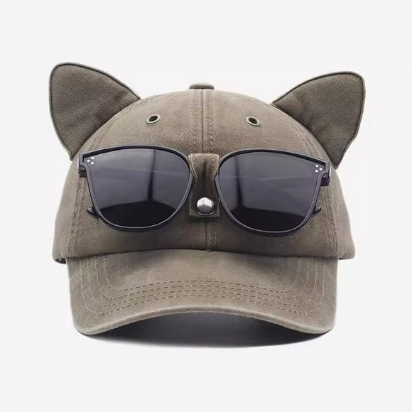 Cat Ear Baseball Cap with Sunglasses Decor, Adjustable Summer Outdoor Cap - Khaki