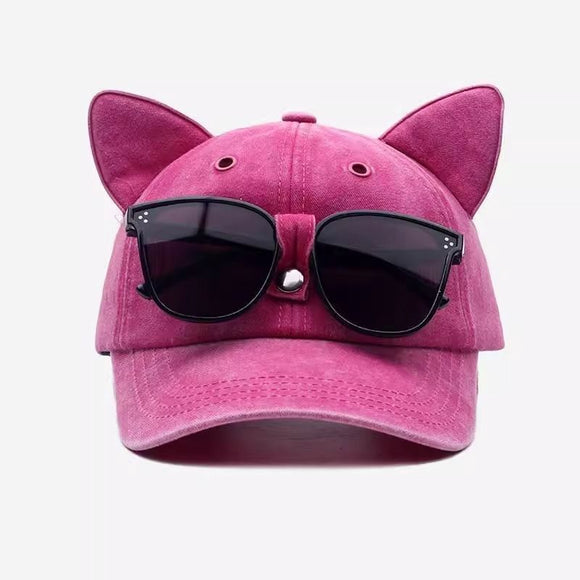 Cat Ear Baseball Cap with Sunglasses Decor, Adjustable Summer Outdoor Cap - Rose Red