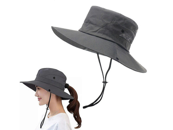 Wide Brim Bucket Hat, Breathable Hiking Fisherman Sun Hat, Grey