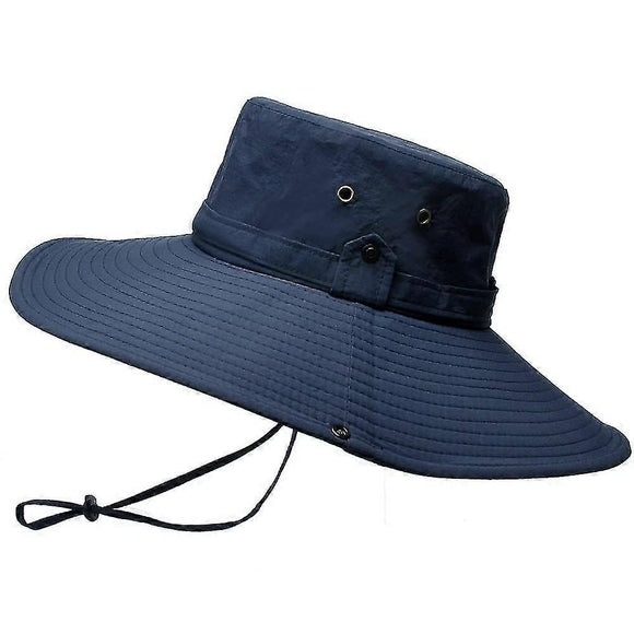 12cm Wide Brim UV Protection Safari Hat, Waterproof Foldable Bucket Hat for Hiking Fishing - Navy Blue
