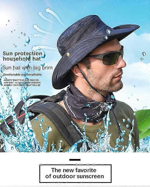 Wide Brim UV Protection Sun Hat, Breathable Mesh Fishing and Hiking Hat - Navy Blue