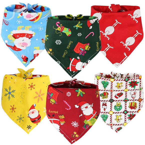 Dog Christmas Triangle Scarf Cotton Cartoon (Anhui hair) triangle towel wine red background double bell Small size (suitable for pets within 10 Jin)