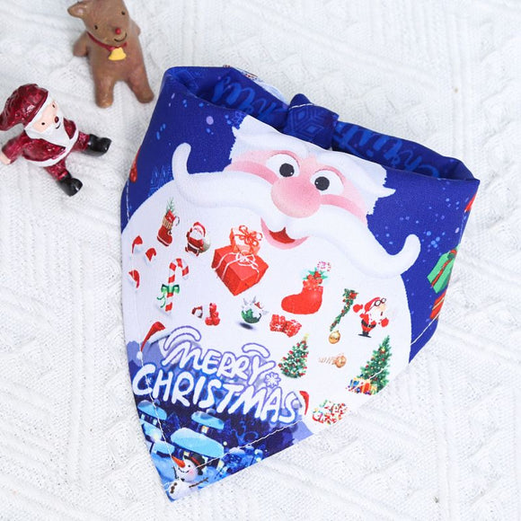 Dog Christmas Triangle Scarf Cotton Cartoon (Anhui hair) triangle towel dark blue bottom white old man Small size (suitable for pets within 10 Jin)