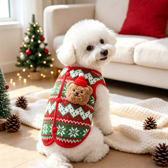 Dog Vest Christmas Bear Knitted Warm Green Red Knitted Snowflake Bear (Christmas Vest) M (Chest 40cm, Weight 5-8 jin)