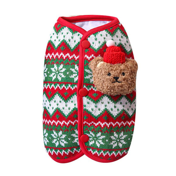 Dog Vest Christmas Bear Knitted Warm Green Red Knitted Snowflake Bear (Christmas Vest) M (Chest 40cm, Weight 5-8 jin)