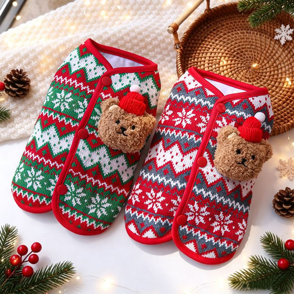 Dog Vest Christmas Bear Knitted Warm Green Red Knitted Snowflake Bear (Christmas Vest) L (Chest 45cm, Weight 8-12 jin)
