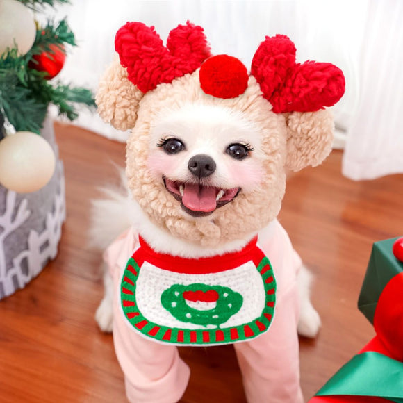 Pet Christmas Hat Bandana Wearable Accessories Red base pet bib (suitable for pets under 15 lbs)