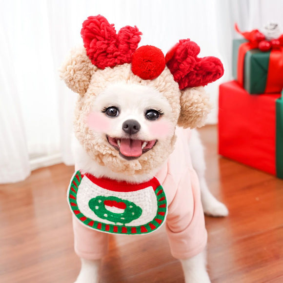 Pet Christmas Hat Bandana Wearable Accessories Red base pet bib (suitable for pets under 15 lbs)