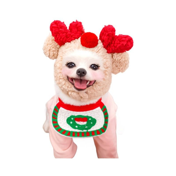 Pet Christmas Hat Bandana Wearable Accessories Red base pet bib (suitable for pets under 15 lbs)