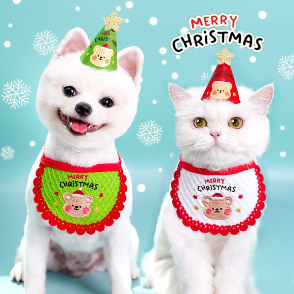 Noon Christmas Pet Hat Scarf Set Cartoon Bear Red Green A07G Red Bear Christmas Set One Size
