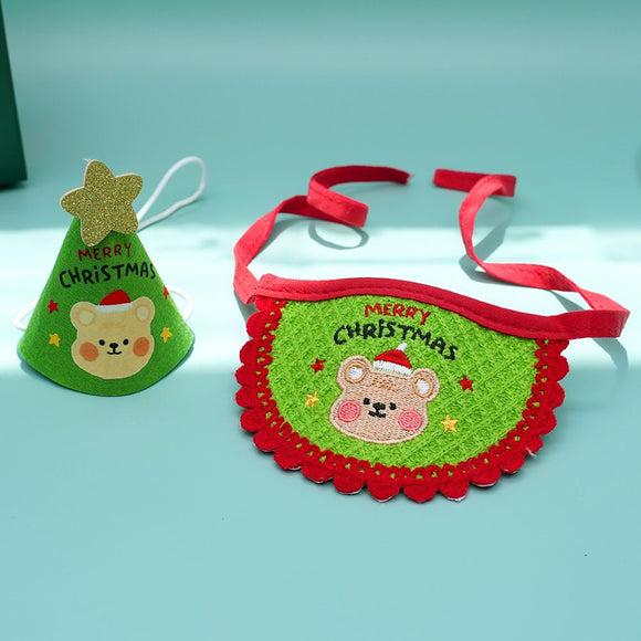 Noon Christmas Pet Hat Scarf Set Cartoon Bear Red Green A07G Red Bear Christmas Set One Size