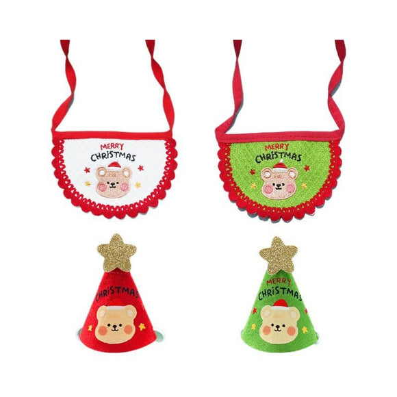 Noon Christmas Pet Hat Scarf Set Cartoon Bear Red Green A07G Red Bear Christmas Set One Size