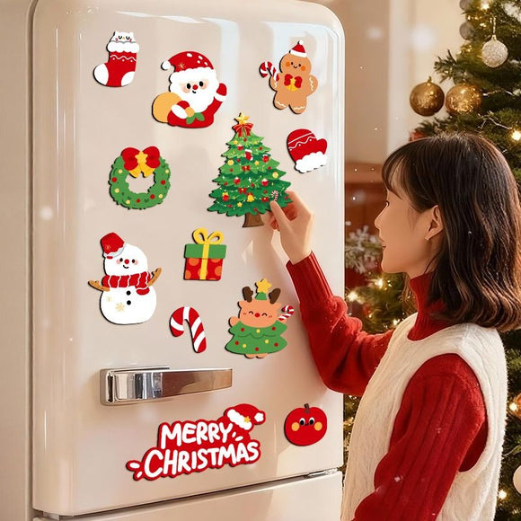 12Pcs Christmas Fridge Magnets Set Magnetic Santa Snowman Tree Decorations for Refrigerator Xmas Home Decor