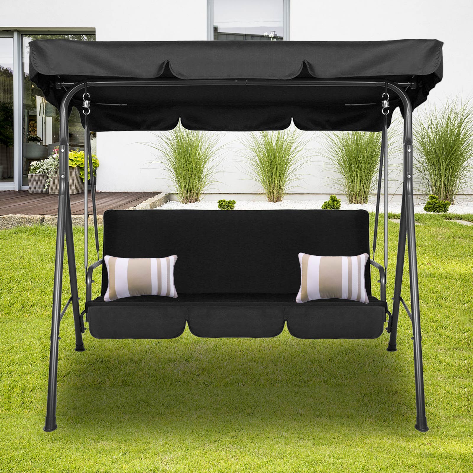 Milano Outdoor Swing Bench Seat Chair Canopy Furniture 3 Seater Garden Hammock - Black - 0