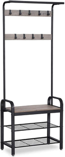 Greige and Black Steel Freestanding Coat Rack Stand with Removable Hooks, Bench and Shoe Rack, Height 183 cm-1