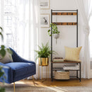 Rustic Brown Coat Rack Stand with Hallway Shoe Rack and Bench with Shelves Matte Metal Frame Height 175 cm-5