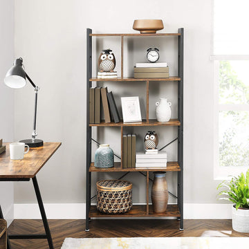 4-Tier Industrial Bookshelf Stable Iron Frame, Rustic Brown - 0