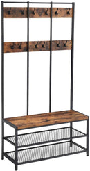 Large Coat Rack Stand with 12 Hooks and Shoe Bench Rustic Brown and Black-1