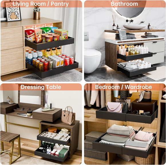 CARLA HOME 2 Pack Pull Out Cabinet Organizer Expandable for Cabinets with Adjustable Slide Out Shelves and Easy Installation (Black)