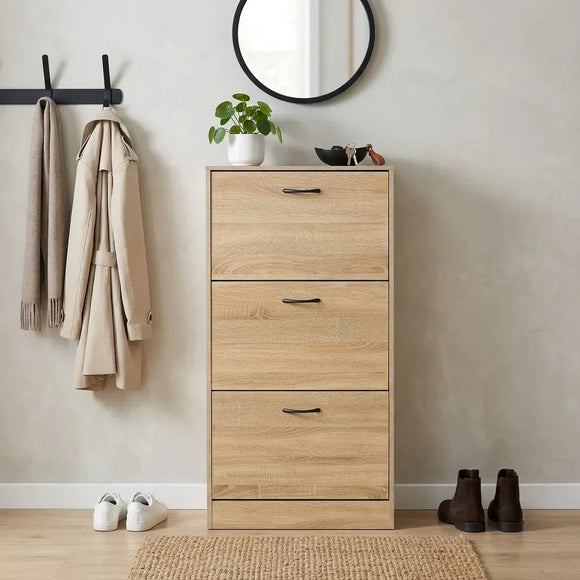 CARLA HOME 3 Flip Drawer Shoe Cabinet - Hidden Storage - Modern - Shoe Storage Cabinet - Oak