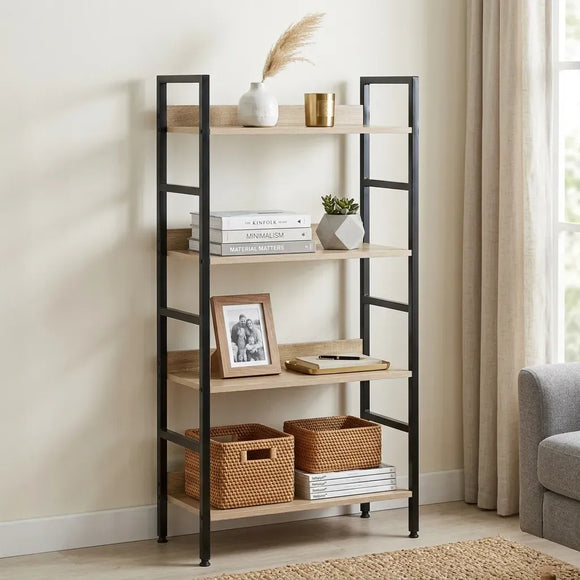 CARLA HOME 4 Tier Bookshelf - Wood Metal Display Shelf - Brown - Rustic - Steel - Living Room Office