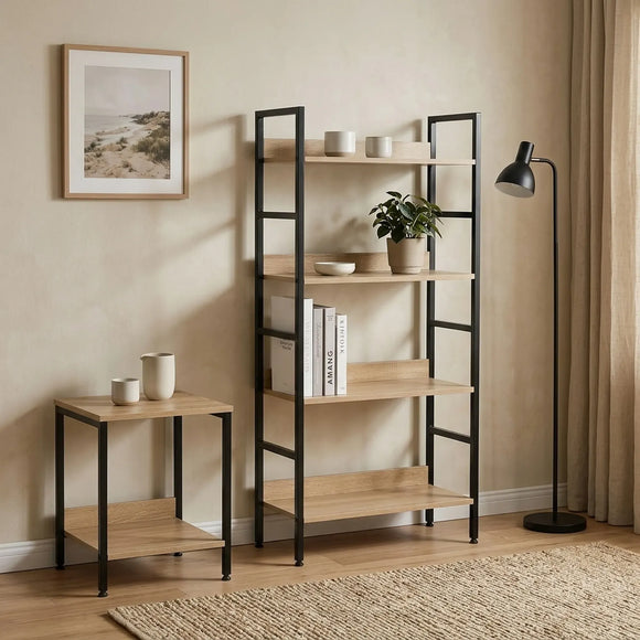 CARLA HOME 4 Tier Bookshelf - Wood Metal Display Shelf - Brown - Rustic - Steel - Living Room Office