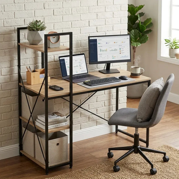 CARLA HOME Computer Desk with 4 Shelf Bookcase - Steel - Brown - Rustic - Office Desk Computer
