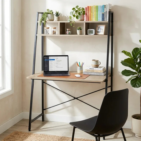 CARLA HOME Ladder Desk with Shelves - Steel Frame - Oak - 84cm - Brown - Study Desk