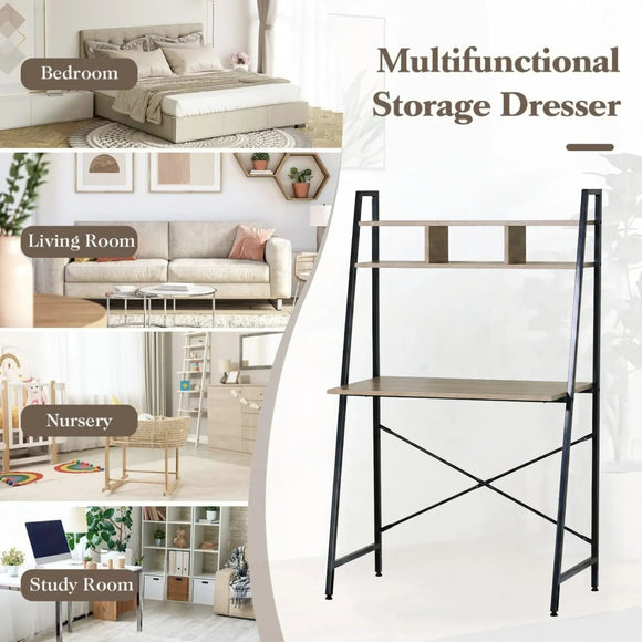CARLA HOME Ladder Desk with Shelves - Steel Frame - Oak - 84cm - Brown - Study Desk