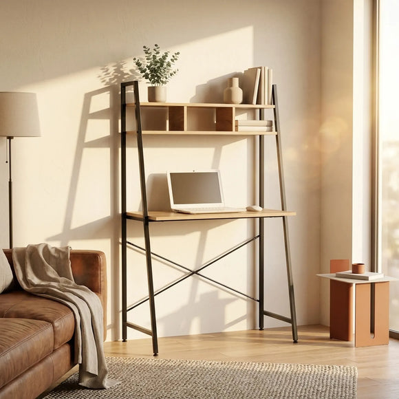 CARLA HOME Ladder Desk with Shelves - Steel Frame - Oak - 84cm - Brown - Study Desk