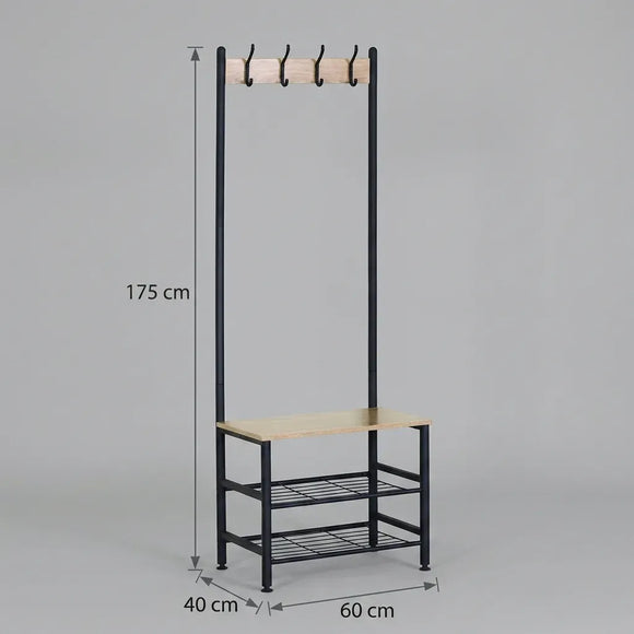 CARLA HOME Hall Tree Coat Rack with Bench - 5 Hooks - Brown - Rustic - Garment Rack