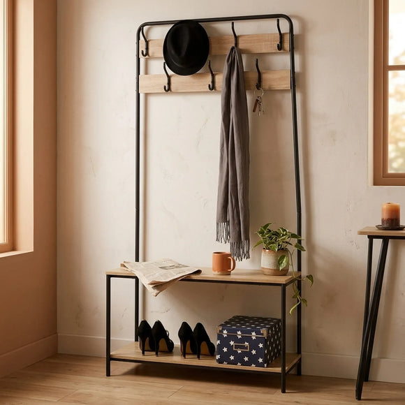 CARLA HOME Hall Tree Coat Rack with Bench - 8 Hooks - Brown - Rustic - Garment Rack
