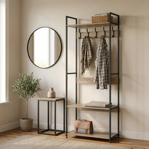 CARLA HOME Freestanding Garment Rack - 5 Hooks 4 Shelves - Brown - Rustic - Steel