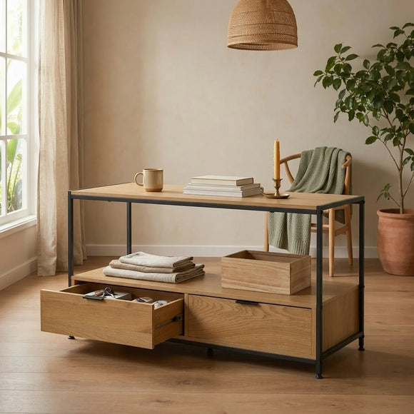 CARLA HOME Coffee Table with 2 Drawers - Open Shelf - Brown - Rustic - Steel - Living Room Bedroom