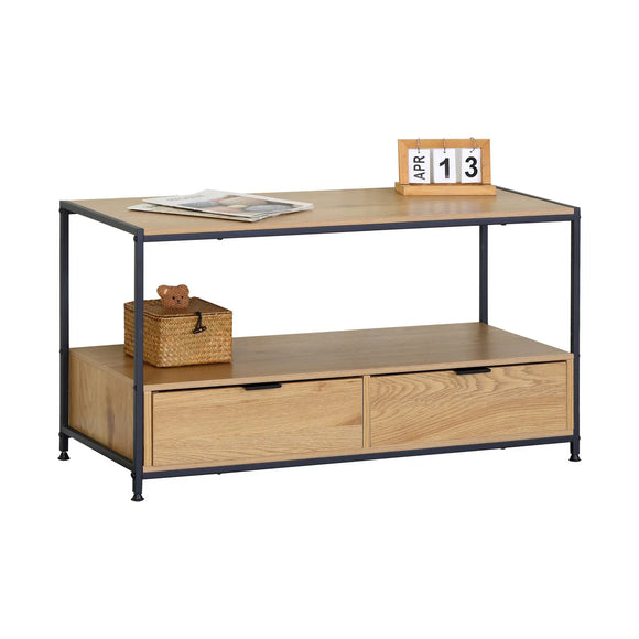 CARLA HOME Coffee Table with 2 Drawers - Open Shelf - Brown - Rustic - Steel - Living Room Bedroom