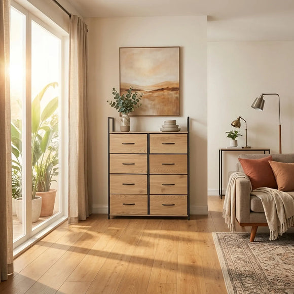 CARLA HOME 8 Drawer Tallboy Large Storage Cabinet - Brown - Rustic - Steel - Chest Drawers Tallboy