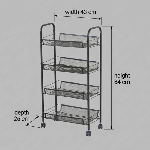 CARLA HOME 4 Tier Rolling Kitchen Trolley Cart - Metal Mesh - Black - Basic - Steel