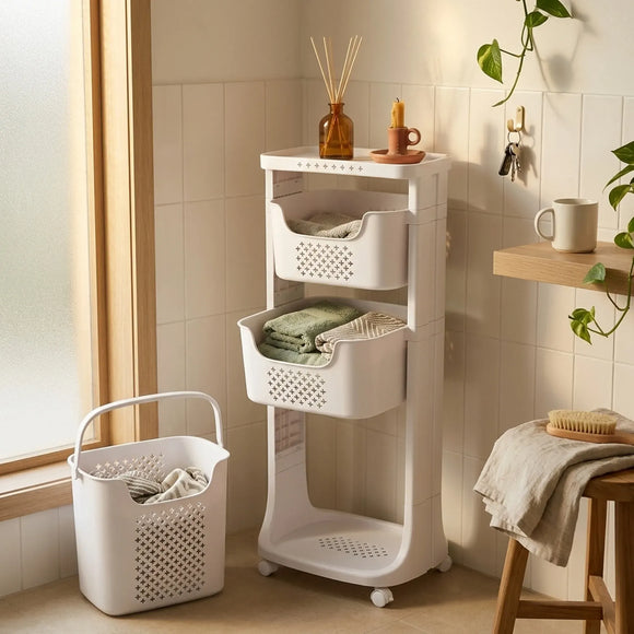 CARLA HOME 3 Tier Rolling Laundry Basket - White with Wheels - Basic - Plastic - 3 - tier Rolling Laundry